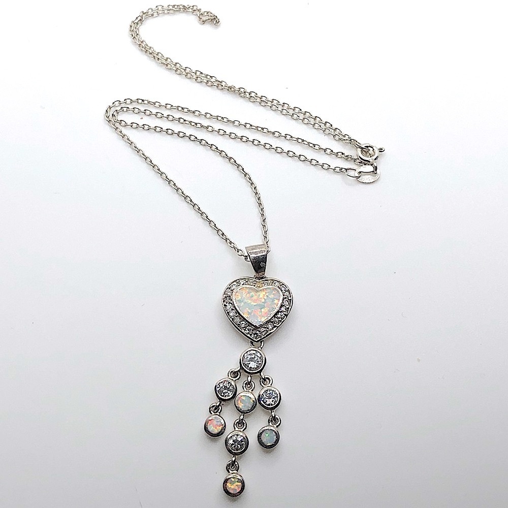 STERLING Silver Fire Opal White Saphire Heart Dangle w 925 Chain 18” + 2”